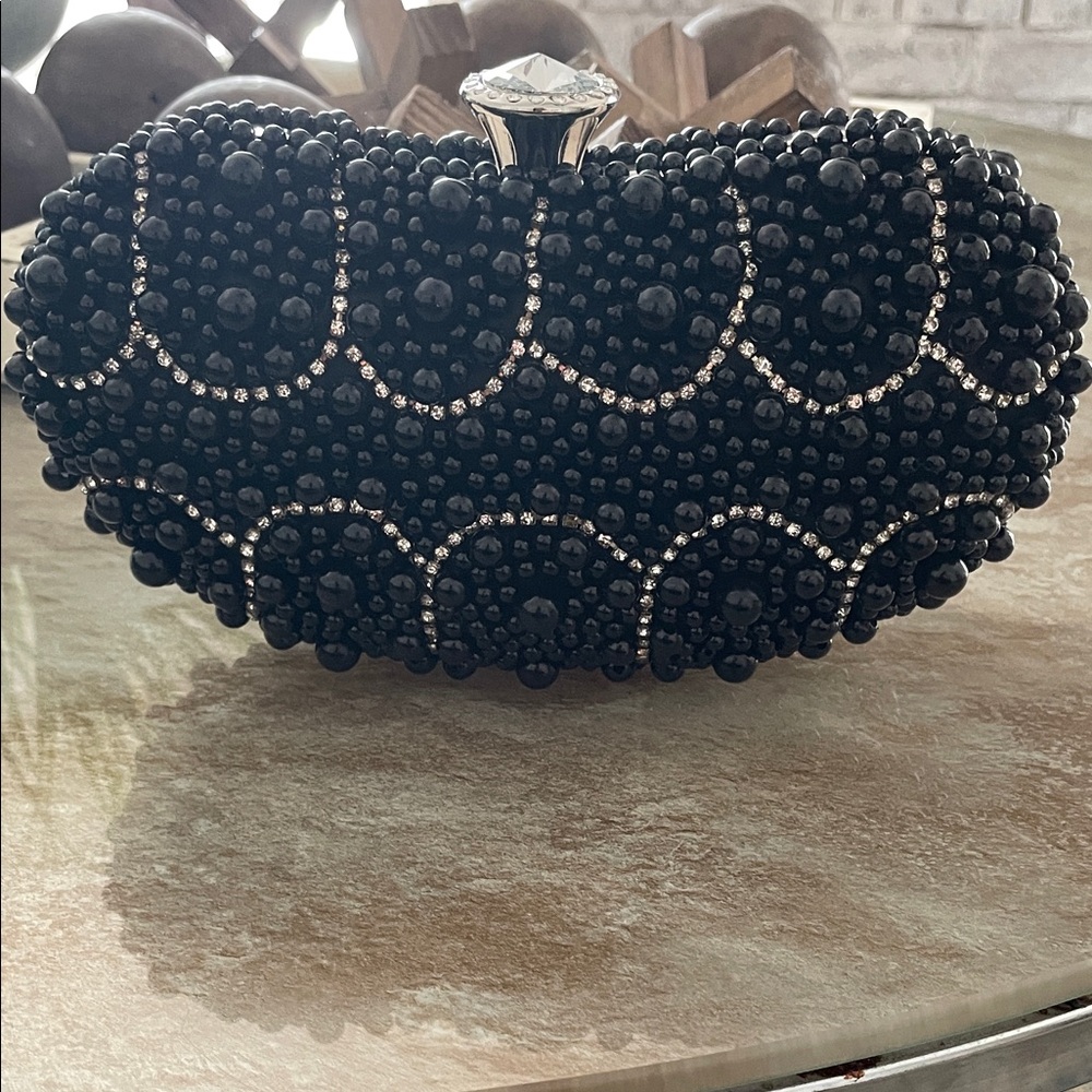 Black Beaded Crystal Clutch Evening Bag
